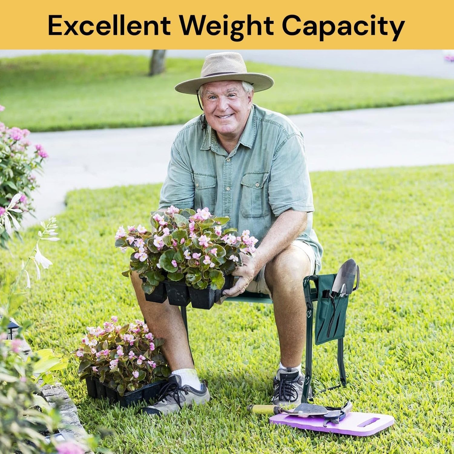 EZONEDEAL Garden Kneeler Stool Seat, Folding Stool 2 in 1, Portable Kneeling, Foldable Bench Foam Pad Protect Knee - 2 Tool Pouches Easy to Carry Lightweight and Practical image number 3