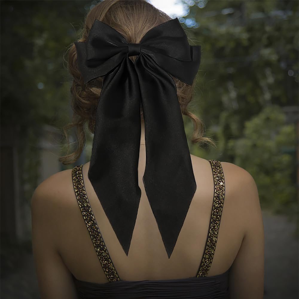 TRKETK 2 PCS Bow Hair Clips, Hair Accessories for Girls Solid Color Bowknot Hairpin French Barrette with Long Ribbon Hair Fastener Accessories Soft Satin Silky Hair Bows for Women Girls(Black+White) image number 5