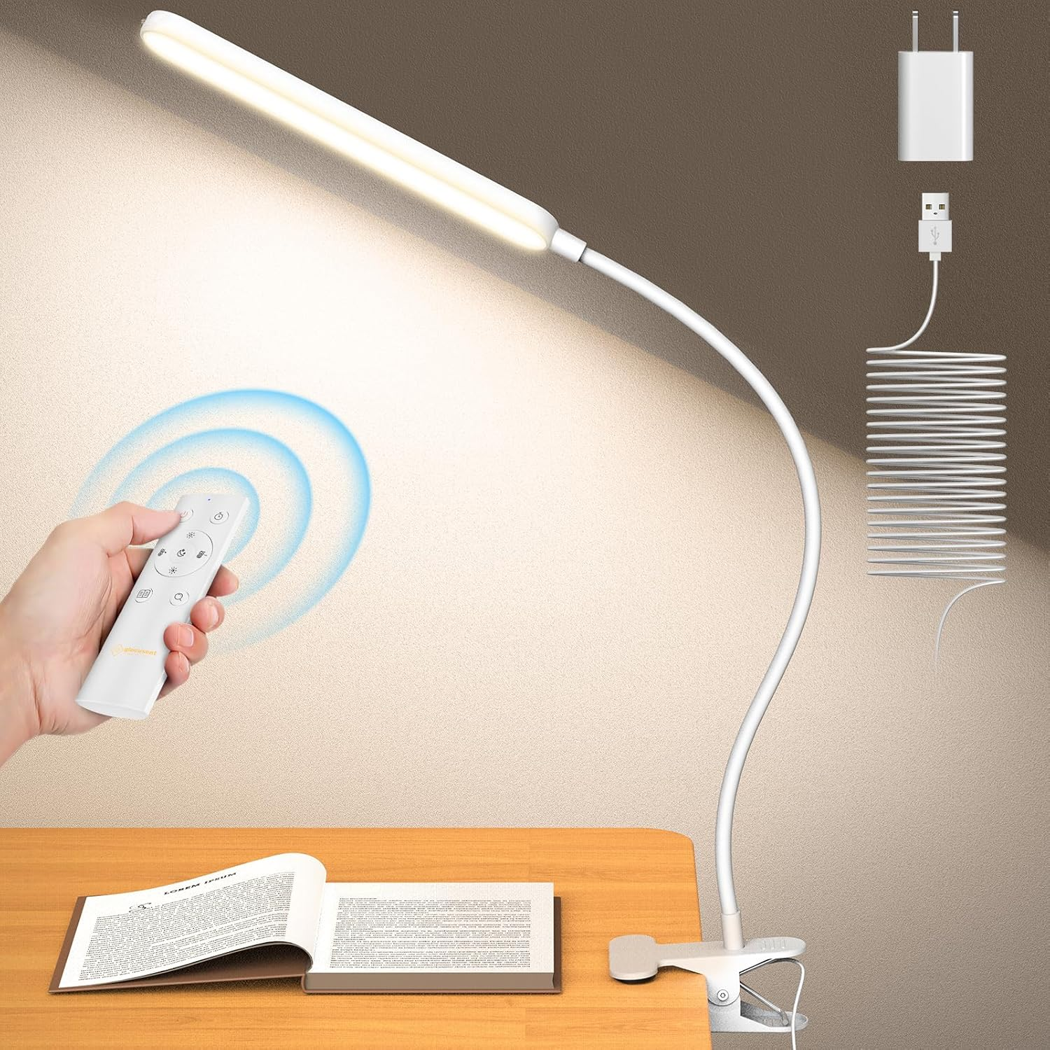 Glocusent 5W Clip on Light, 38 LED Eye Caring Book Lights for Reading at Night - 5 Color & 5 Brightness with a Remote, 30-Min Auto off Timer, Bed Headboard Clip on Lamp for Reading/Studying/Working