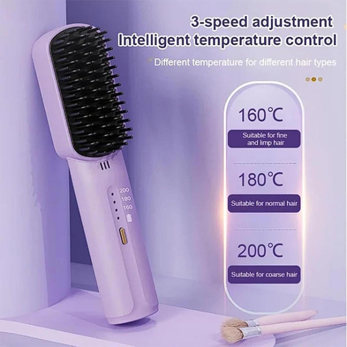 Portable Cordless Mini Hair Straightening Comb,Rechargeable Mini Hair Straightener, Negative Ions Do Not Hurt Hair,3-Speed Adjustment Temperature Usb,Light Weight Hot Comb Hair Straightener (Black) image number 4