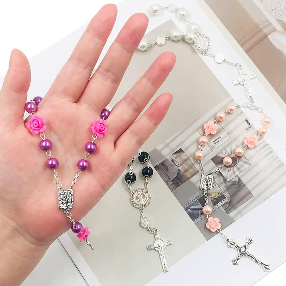 4 Pcs Car Rosary for Rearview Mirror, Rosary Beads Catholic Cross Blessing Hanging Accessories Car Medal Rearview Mirror Pendant(4 Colors) image number 1