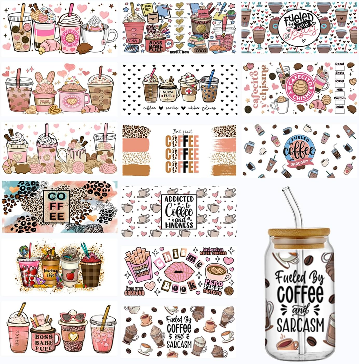 UV DTF Cup Wrap Transfer Sticker for Glass, 15Sheets Rub on Transfers Stickers for Crafting Furniture-Diy Waterproof Decals UV DTF Transfer Sticker for 16OZ Libbey Glass Cups (Mix 2) image number 6