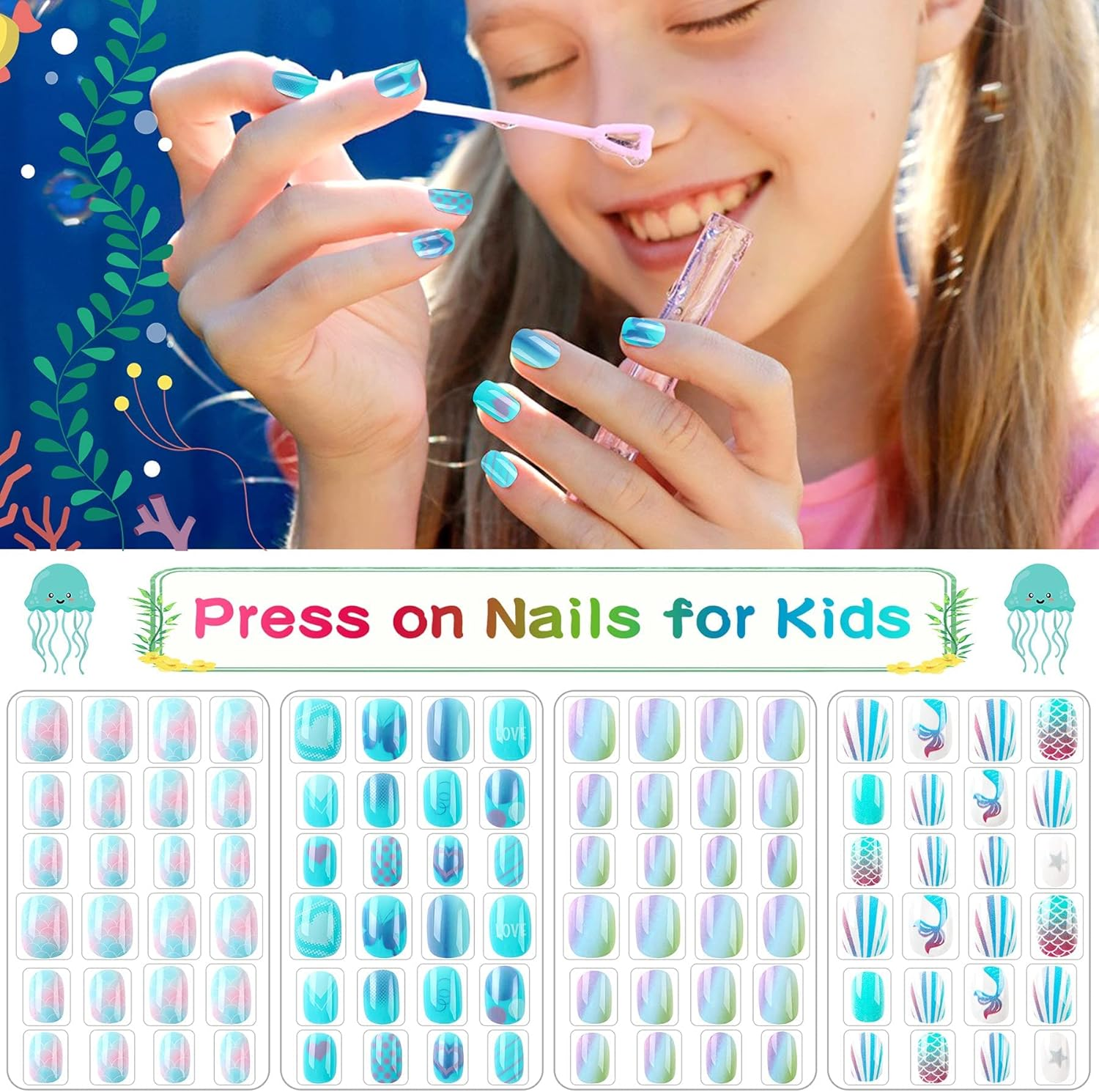 96 Pcs Kids False Nail Press on Nails Kids Full Cover Short False Nails Children Nail Tips Lovely Gift for Kids Little Girls Nail Art Decoration (Blue Theme) image number 5