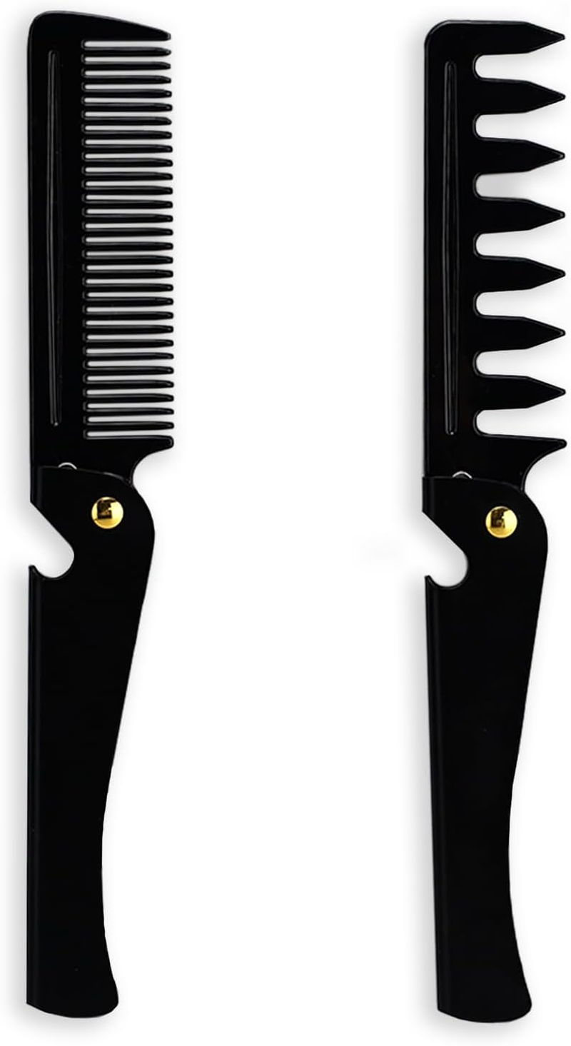 Realand 2Pcs Folding Pocket Beard Comb for Men - Fine Tooth & Wide Tooth Hair Comb with Stainless Steel Cover, Small Travel Comb for Styling Hair, Beard or Mustache (Black) image number 6