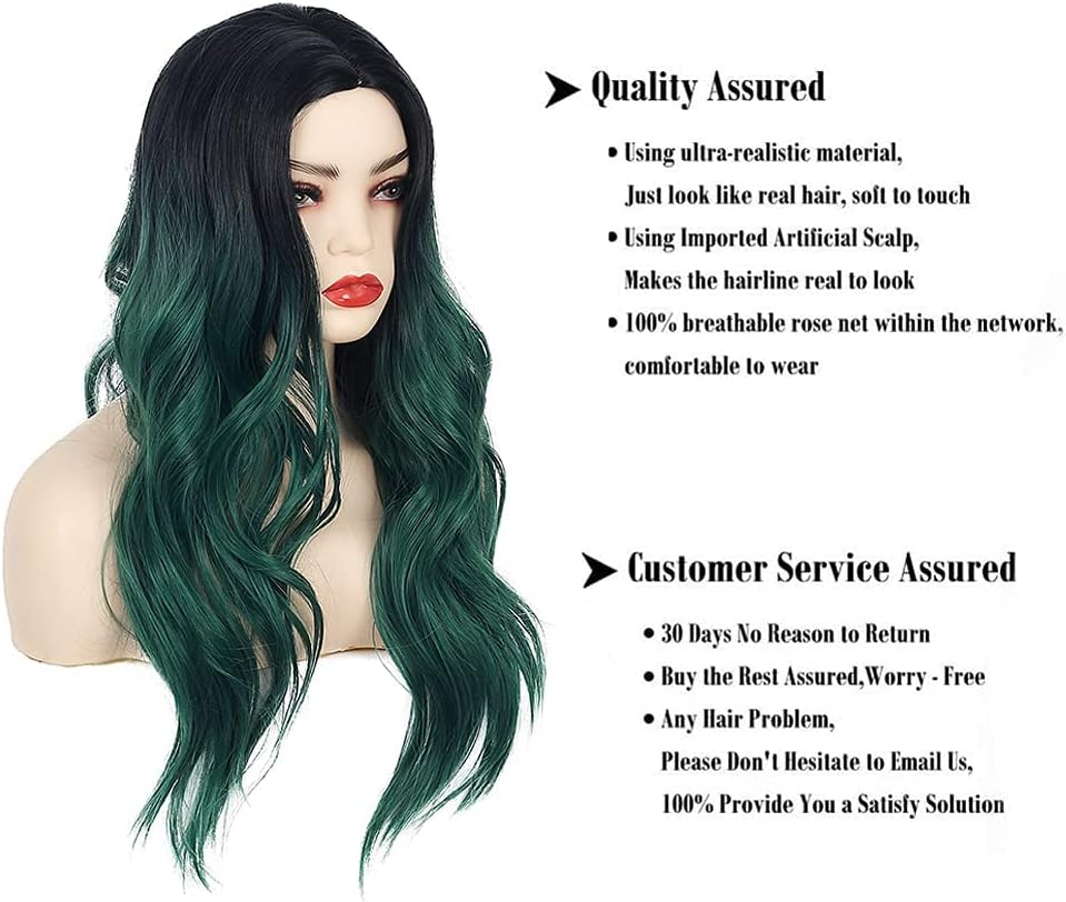 Beweig Long Curly Hair Waves Ombre Black Green Wig Synthetic Natural Middle Part Cosplay Costume Hair Women Wig