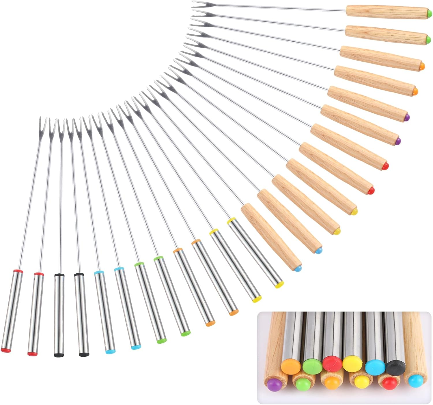 24 Pack 9.6 Inch Stainless Steel Fondue Forks, 12 Wood Handles and 12 Stainless Steel Handles, Heat Resistant Smores Sticks for Roast Meat Chocolate Dessert Cheese Marshmallows (6 Colors)
