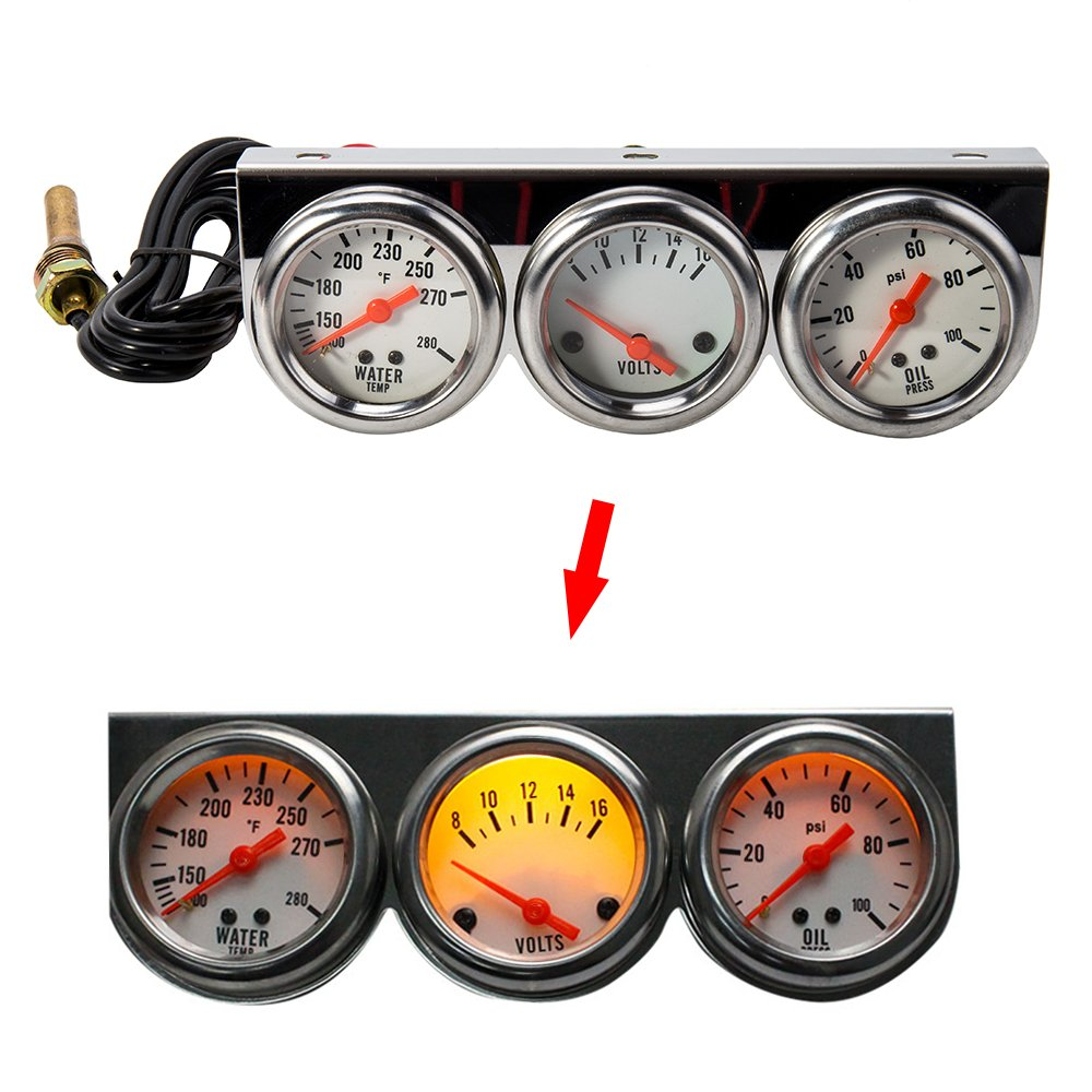 Triple Gauge Kit, 3 in 1 Car Oil Volt Water Gauge, Chrome Housing, White Face, Red Needles, 51Mm Size, 100-280F Water Temp, 8-16V Volts, 0-100Psi Oil Pressure image number 4
