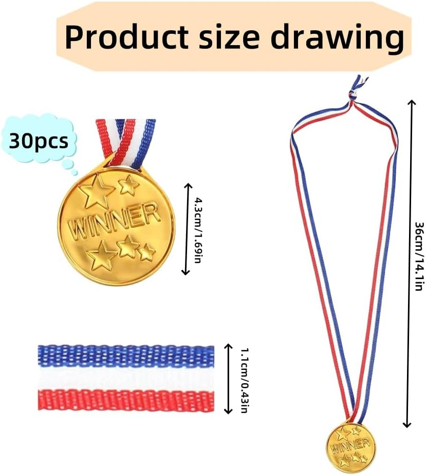 30 Gold Plastic Winners, Student Award Plastic Neckband Medals, and Participation Medals for Winners of Game Competitions, Sports, and Activity Performances image number 4