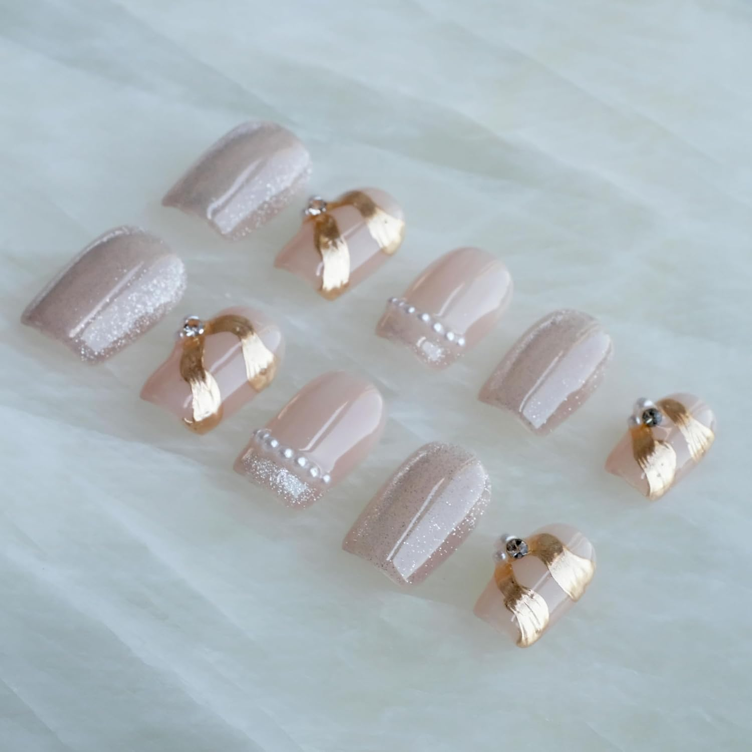 [GLORS] Purely Handmade Press on Nails | Elegant French Pink Pearl Gold Fake False Nail | Salon Quality in Short Square Shape, 10 Pieces (Small, SS) image number 4