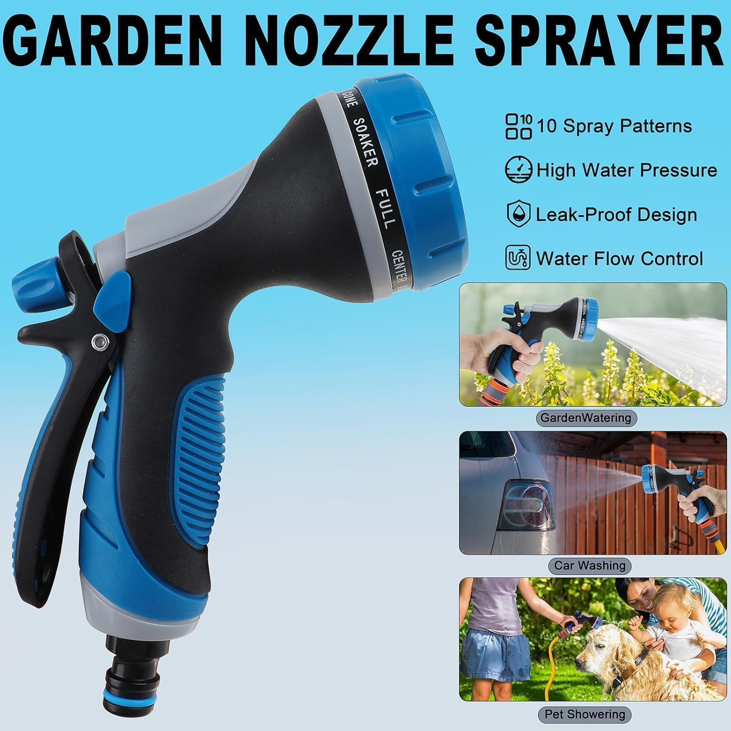 Hose Nozzle with Adjustable 10 Watering Patterns,Garden Hose Spray Nozzle with Slip Resistant High Pressure,Water Hose Nozzle Sprayer for Plants & Lawns Watering,Car Washing and Pet Showering image number 6