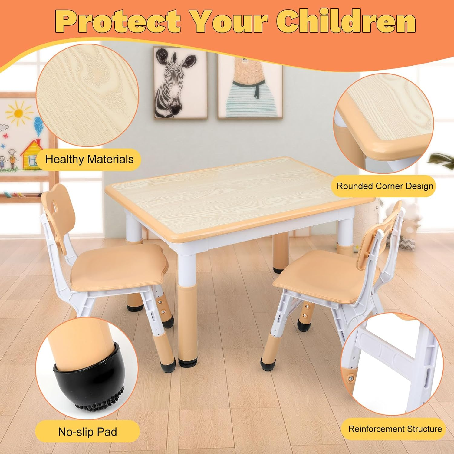 Omebel Kids Table and 4 Chairs Set, Height Adjustable Toddler Table and Chair Set, Graffiti Desktop, Classroom/Daycare/Home, Children Multi-Activity Toddler Table for Ages 2-8 image number 5