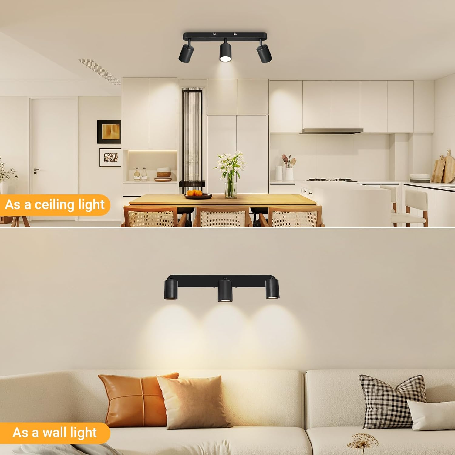 Dehobo GU10 Adjustable Ceiling Spotlight &ndash; 3 Spots LED Ceiling Light &ndash; Black &ndash; Modern LED Interior Ceiling Light for Kitchen, Living Room, Bedroom, without Bulb