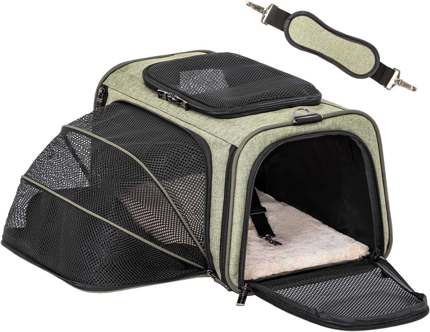 Petsfit Expandable Pet Carrier Airline Approved, Soft-Sided Portable Cat Carrier Dog Carrier, with Removable Plush Mat, Locking Safety Zippers and Pockets, Green