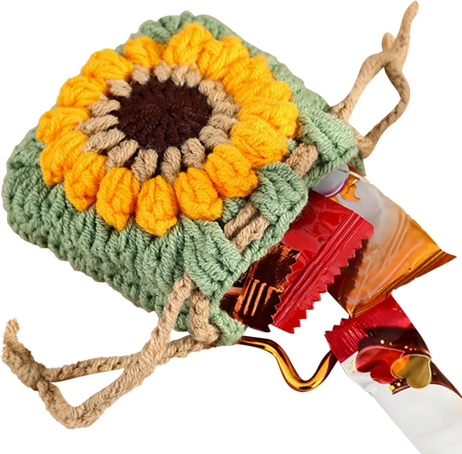 Keychain Coin Purse &ndash; Crochet Sunflower Key Charm, Drawstring Pouch Holder | Cute Coin Purse for Girls Men Teens, Mini Storage for Cards Keys, Backpack Handbag Accessory School Gift image number 4