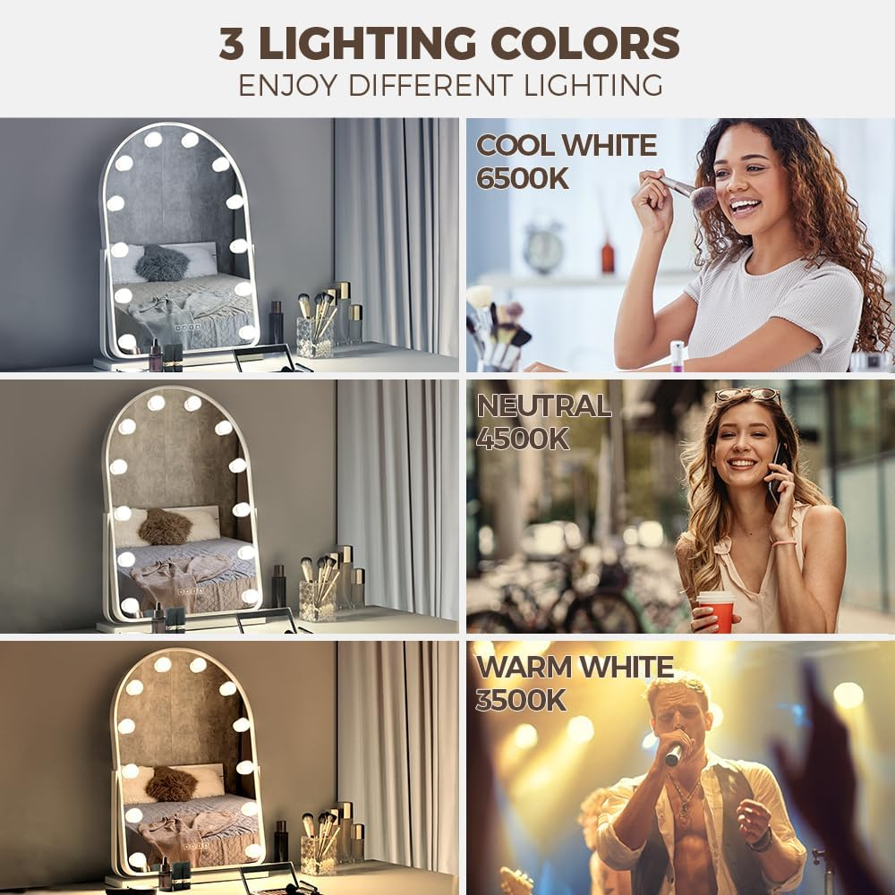Simplus Vanity Makeup Mirror with Lights Hollywood LED Mirrors Stand, Bluetooth Speaker USB Power Charging and Smart Touch Control Screen, 12 Dimmable LED Lights Stable Base White, 65X45Cm image number 2