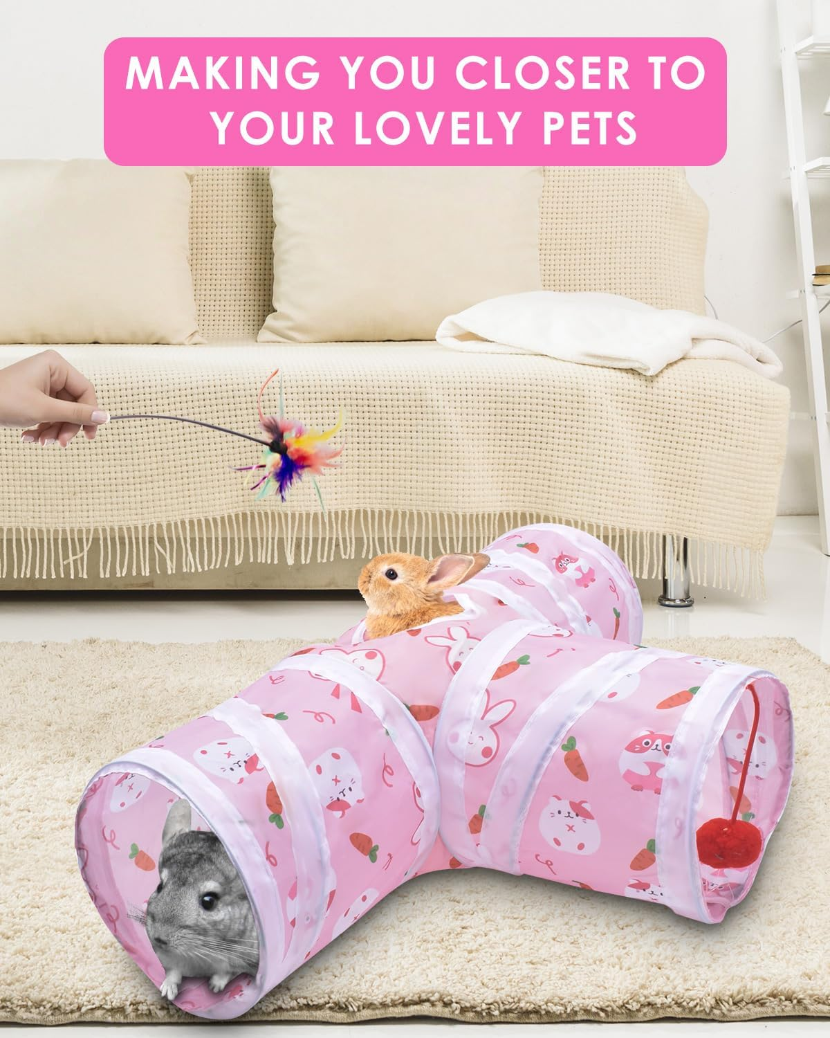 Bissap Rabbit Tunnel, Collapsible Bunny Tunnel and Tube 3 Ways Pet Hideout with 1 Play Ball for Indoor Kittens Dwarf Rabbits Bunnies Guinea Pigs Chinchillas Small Animal Activity Fun Toys (Pink)