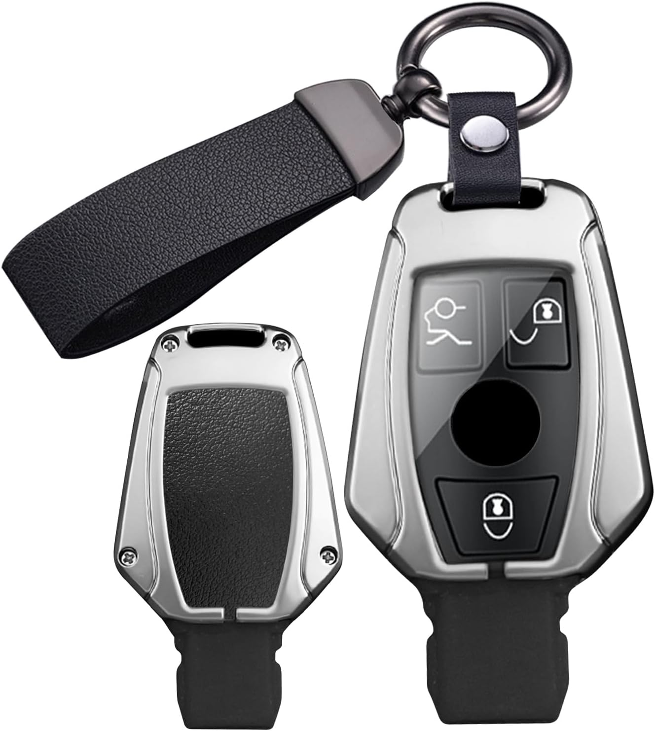 Ontto Metal Leather Car Key Fob Cover Fit for Mercedes Benz A/B/C/E/G/S Class GLA GLC GLE GLK GLS CLA CLE CLS AMG E200 W177 Smart Key Holder Case Keyring Shell Bag Keychain Auto Accessories Black B