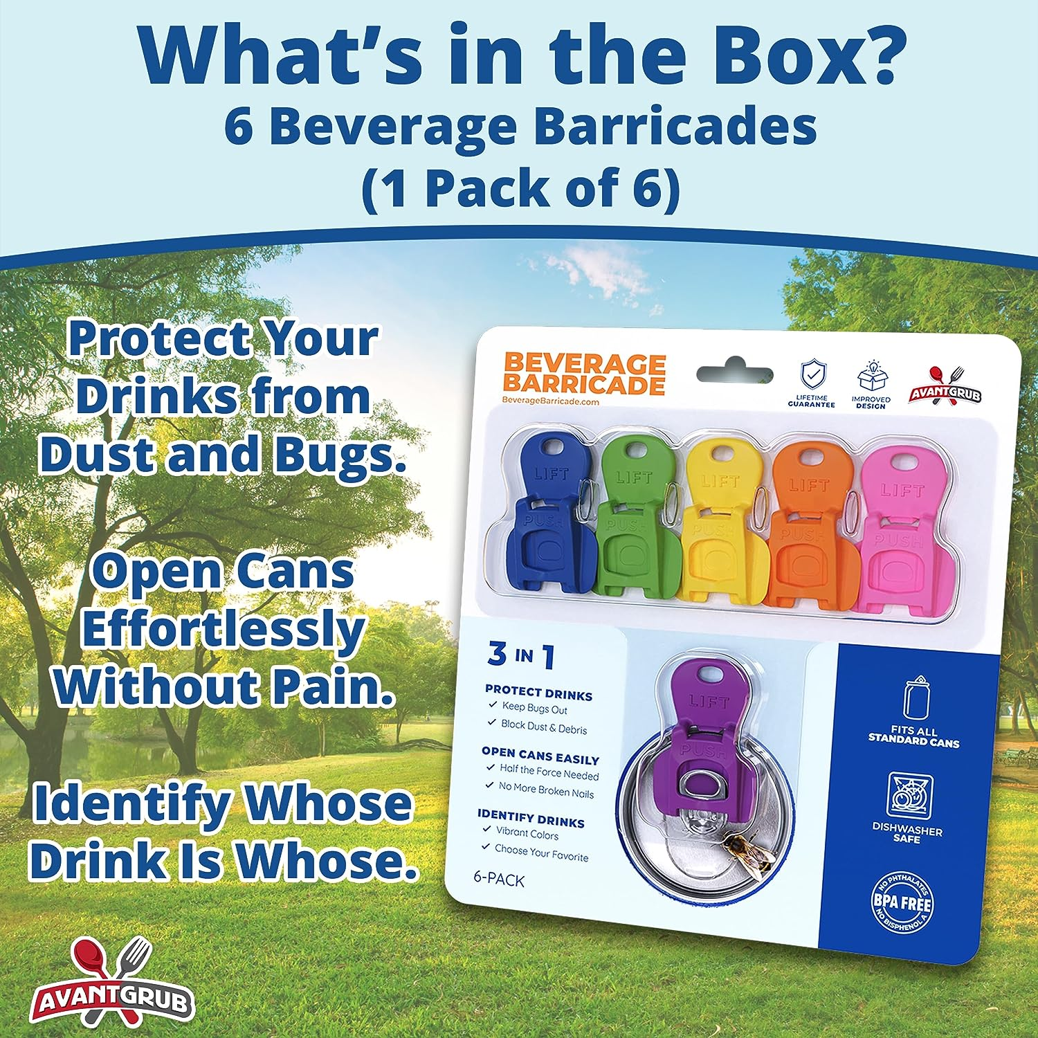 Beverage Barricade Soda Protector 6 Pack for Active Families. Improve Your Picnic or BBQ Experience: Shield Your Cans from Bugs & Dirt Easily ID Whose Drink Is Whose & Eliminate Painful Top Popping. image number 2