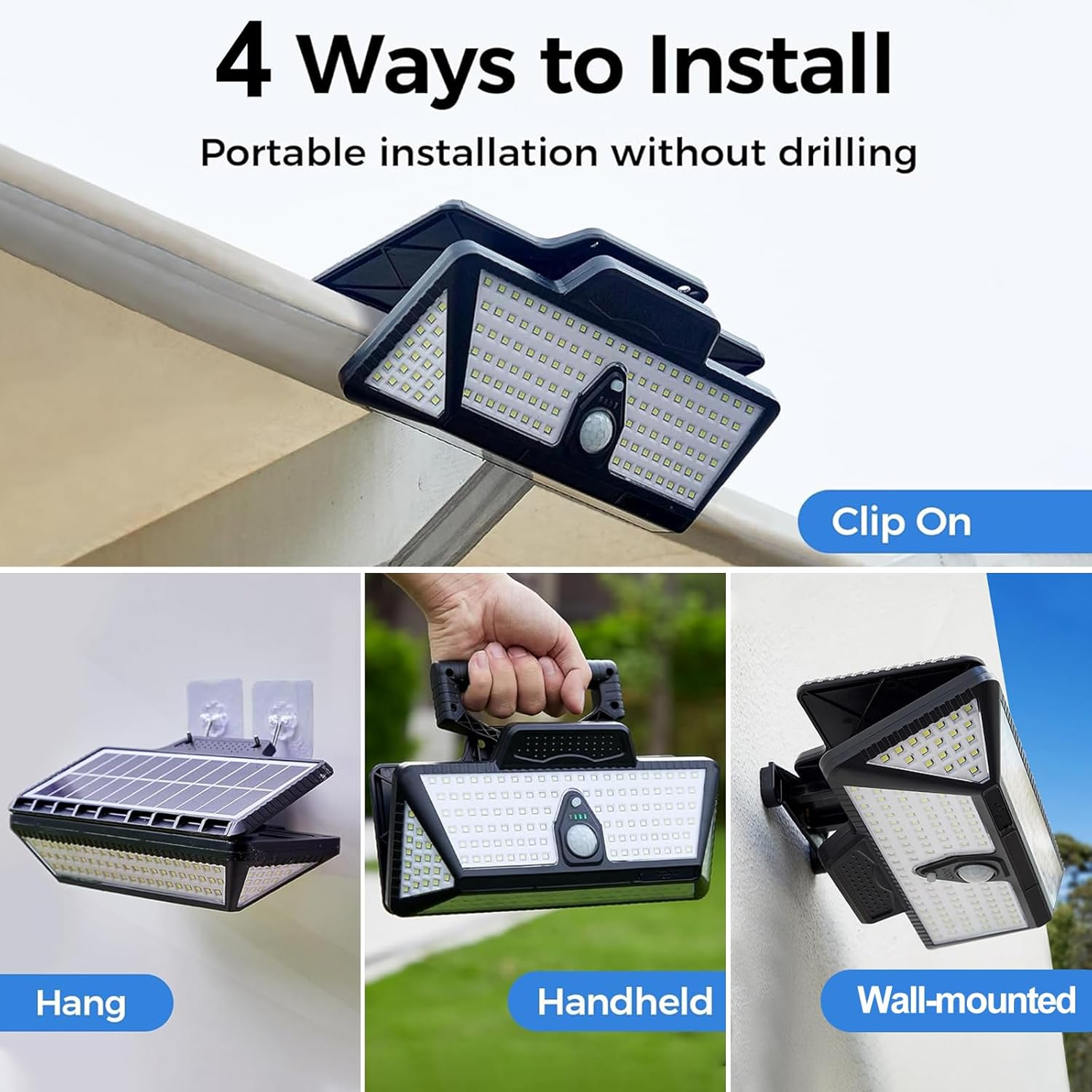 XIULIUU Clip on Solar Lights Outdoor, 208Leds Motion Sensor Outdoor Security Light, 1000LM Bright Solar & USB Powered Flood Light, IP65 Waterproof Wall Lights for Bakcyard Fence Garage Camping(1-Pcs) image number 1