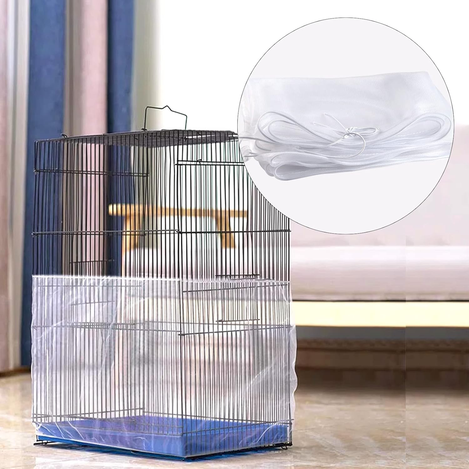 HOYDATE Adjustable Bird Cage Net Cover Birdcage Seed Feather Catcher Soft Skirt Guard Birdcage Nylon Mesh Netting for Parrot Parakeet Macaw round Square Cages (Circumference 37 Inch to 75Inches)