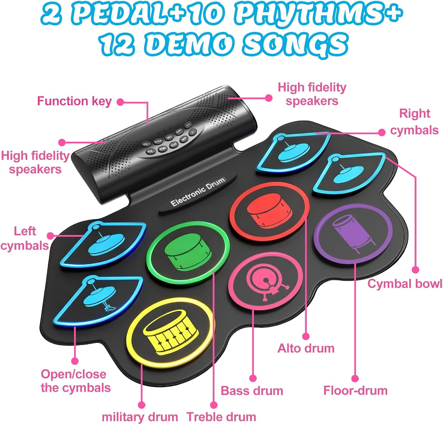 Electronic Drum Set,9 Practice Drum Pads,Roll-Up Drum Kit Machine Built-In Speaker with Drum Pedals and Stick,Great Christmas for Kids image number 4