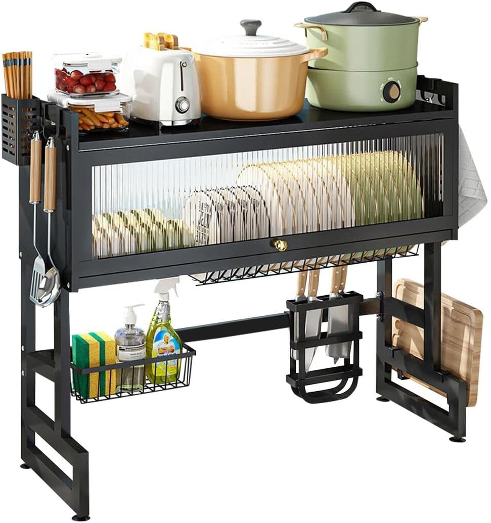 3 Tier over Sink Dish Rack Steel Dish Drainer Dish Drying Rack with Lid Kitchen Counter Storage Organization Adjustable Length 90-95Cm image number 2