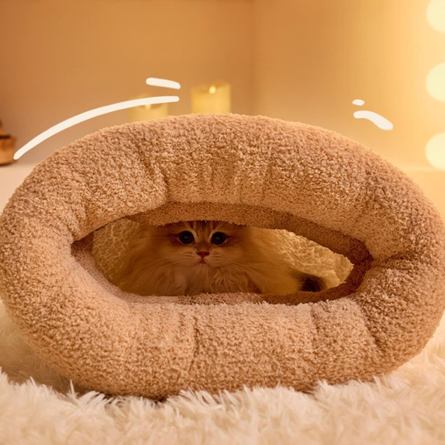 Winter Cat Sleeping Bag, for Cats, Dog, Cat, Winter Warm Sleeping Bag, Plush Soft Pet Bed, Comfort Bed, 360&deg;Wrap Comfortable Pet Snuggle Sack (Bej, Medium) image number 6