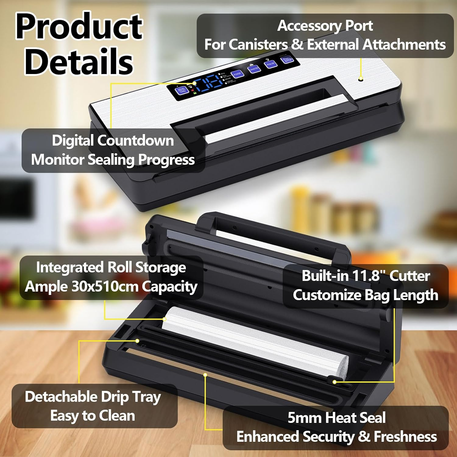 Oolong Food Vacuum Sealer Machine Heavy-Duty Automatic, 100KPA Powerful Suction, Dry Moist Sealing Modes, 300Mm Seal, Built-In Cutter, Bag Storage & Detachable Tray, Starter Kit with Hose, Bags image number 5