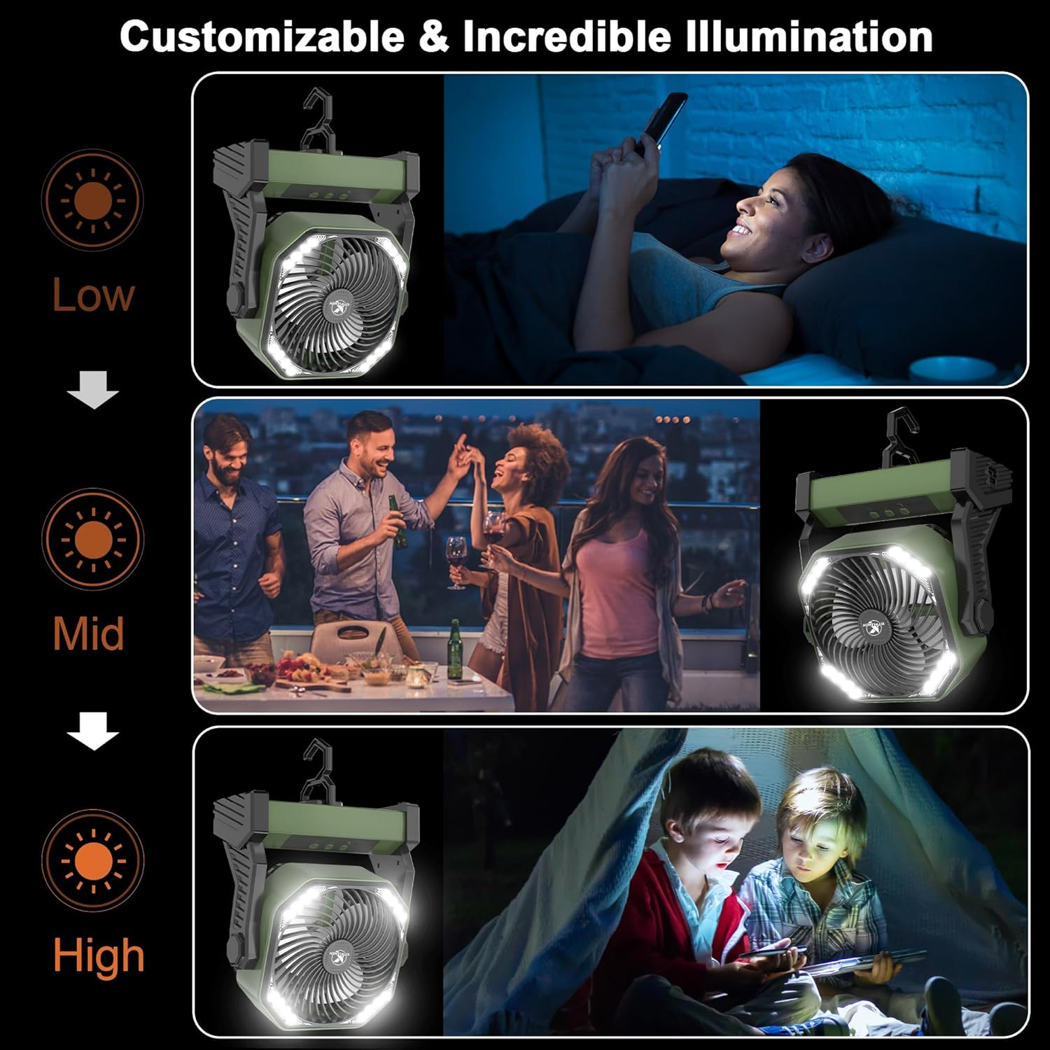 Camping Fan with LED Lantern, 20000Mah Rechargeable Battery Operated Outdoor Tent Fan with Light & Hook, 270&deg; Pivot, 4 Speeds, USB Desk Fan for Camping, Fishing, Power Outage, Hurricane, Jobsite&hellip; image number 3