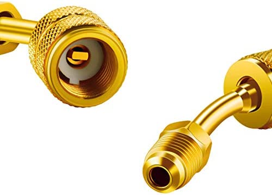 Chinco 2 Pcs R410A Adapter for Mini Split Charging Adapter Vacuum Port with Thimble 5/16 Inch Female Quick Coupler to 1/4 Inch Male Flare for Air Conditioner HVAC Refrigeration (45&deg; Angle) image number 2