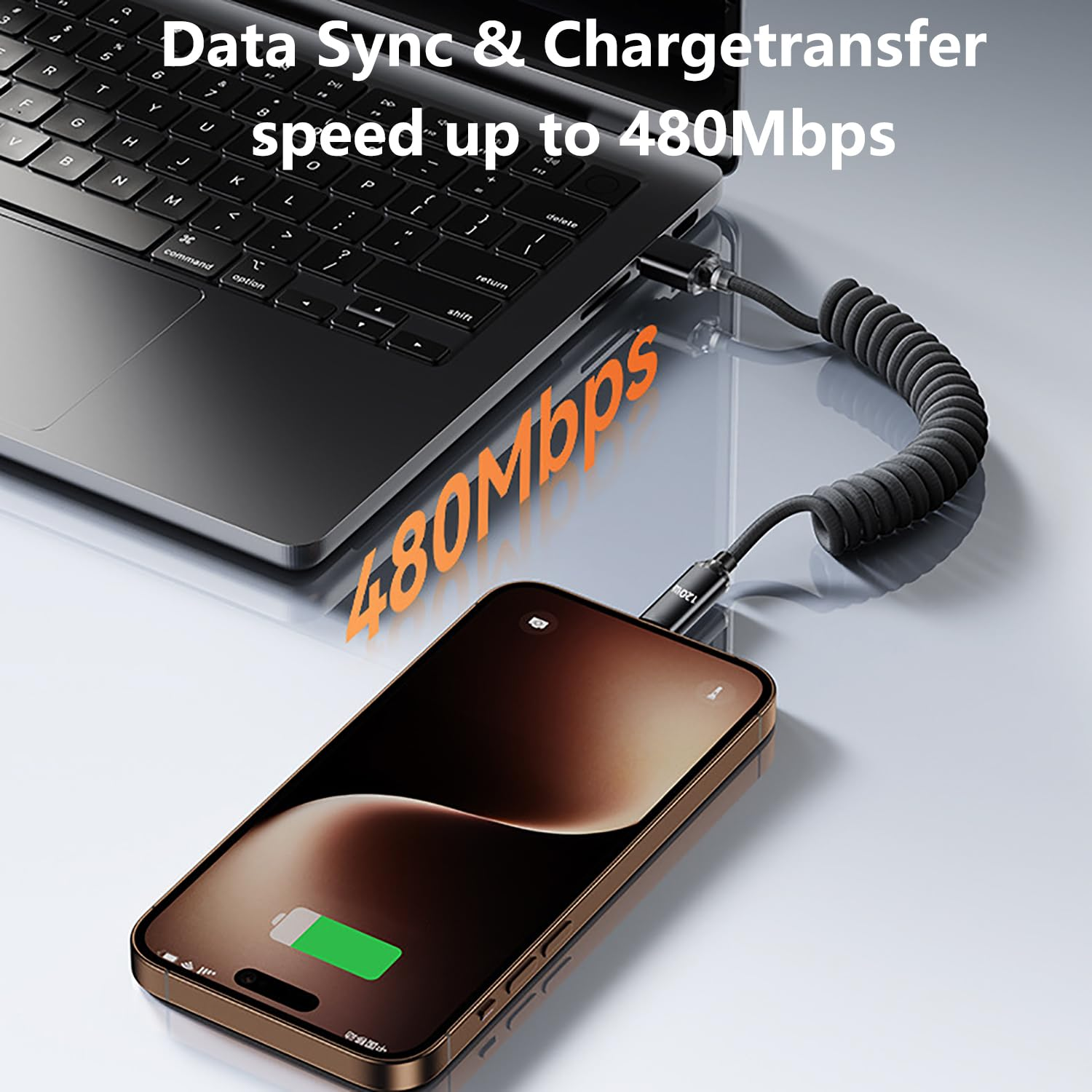 AMITOME 120W Coiled USB a to USB C Carplay Cable,2M Braided Mfi Certified Fast Charging Retractable Cord Compatible with Iphone 17 16 15 Pro/Max/Plus,Ipad,Macbook,Samsung,Google,Switch-Black image number 3