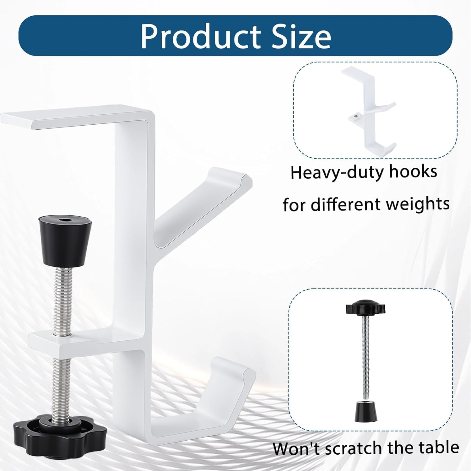 Desk Mount Bag Holder Hook Clamp, 2Pcs Clamp-On under Desk Backpack Hanger, Desk Mount Bag Holder Hook Clamp on Backpack Hanger with Adjustable Arm Clamp, Reduce Desktop Clutter,Double Hanger, White - White, Double Hanger image number 3