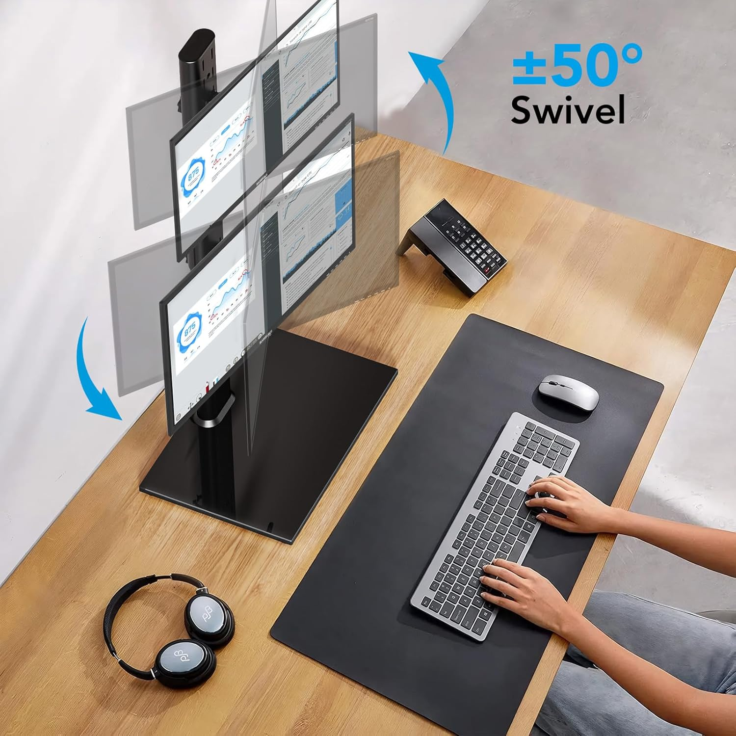 AX WABER Dual Monitor Stand Vertical Stack Screen Free-Standing Desk Mount Arm Riser Fits Two 13 to 34 Inch Computer Monitors with Swivel,Tilt, Height Adjustable,Vesa Stand 100X100Mm, 75X75Mm AX05TB02 image number 5