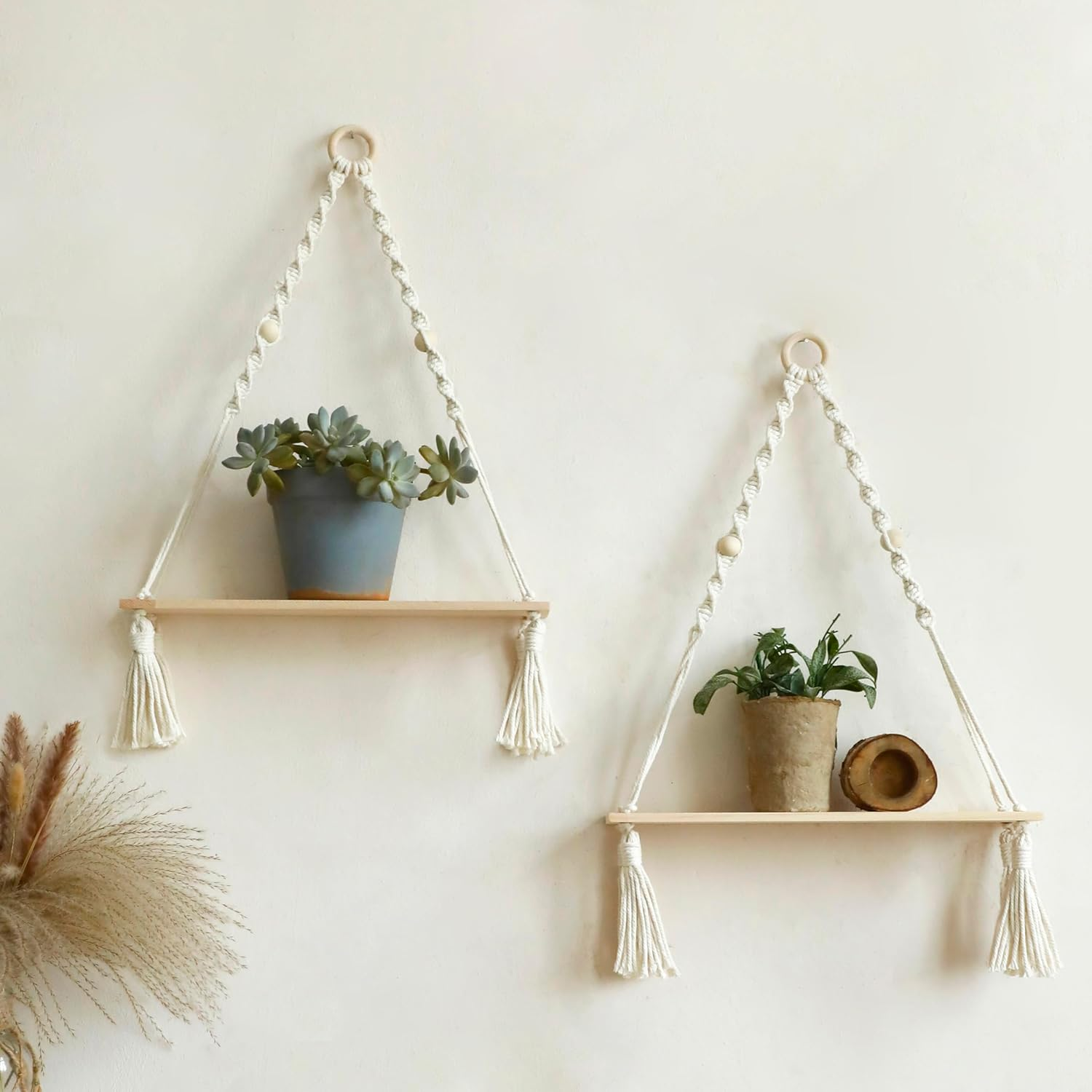 Artilady White Corner Floating Shelves Wall Hanging- Macrame 3 Tier Corner Shelf Plant Wall Decor Boho Rustic Wooden Storage Orgnizer for Bedroom Living Room Pots Photos
