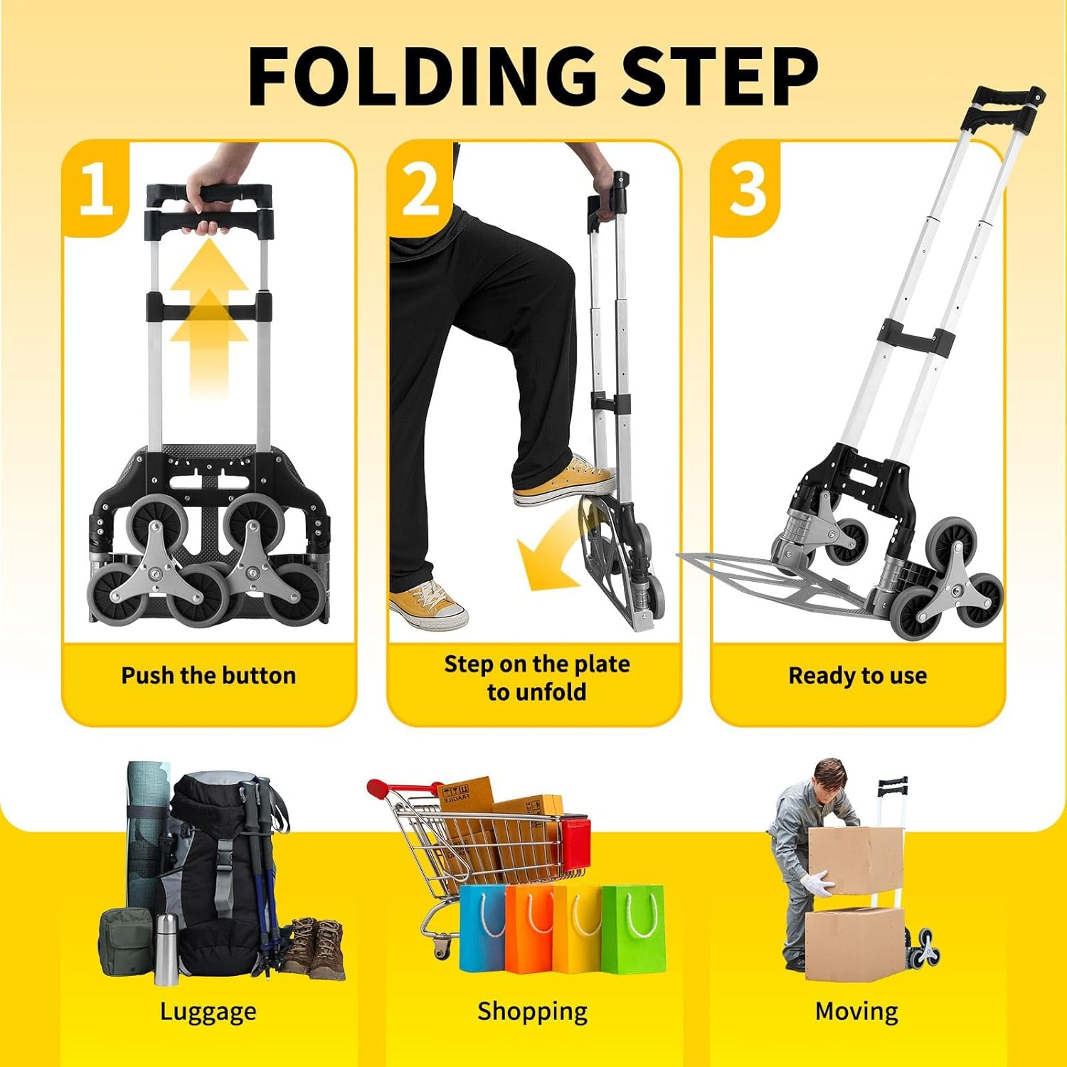 Hand Truck with Stair-Climbing Wheels Foldable Dolly Cart for Stairs Aluminum Utility Cart with Telescopic Handle & Elastic Rope for Luggage, Travel, Shopping 75KG image number 6