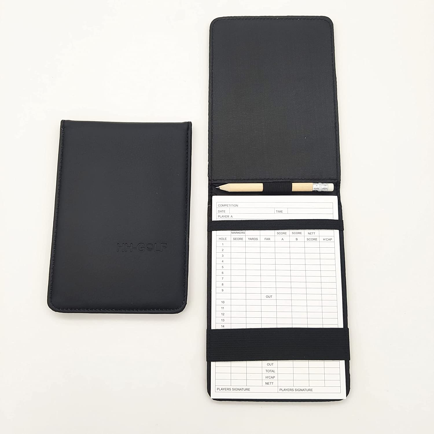 HH-GOLF Golf Scorecard Holder, Black Synthetic Leather Golf Card and Pencil Holder, Deluxe Pocket Golf Yardage Books Golf Gift