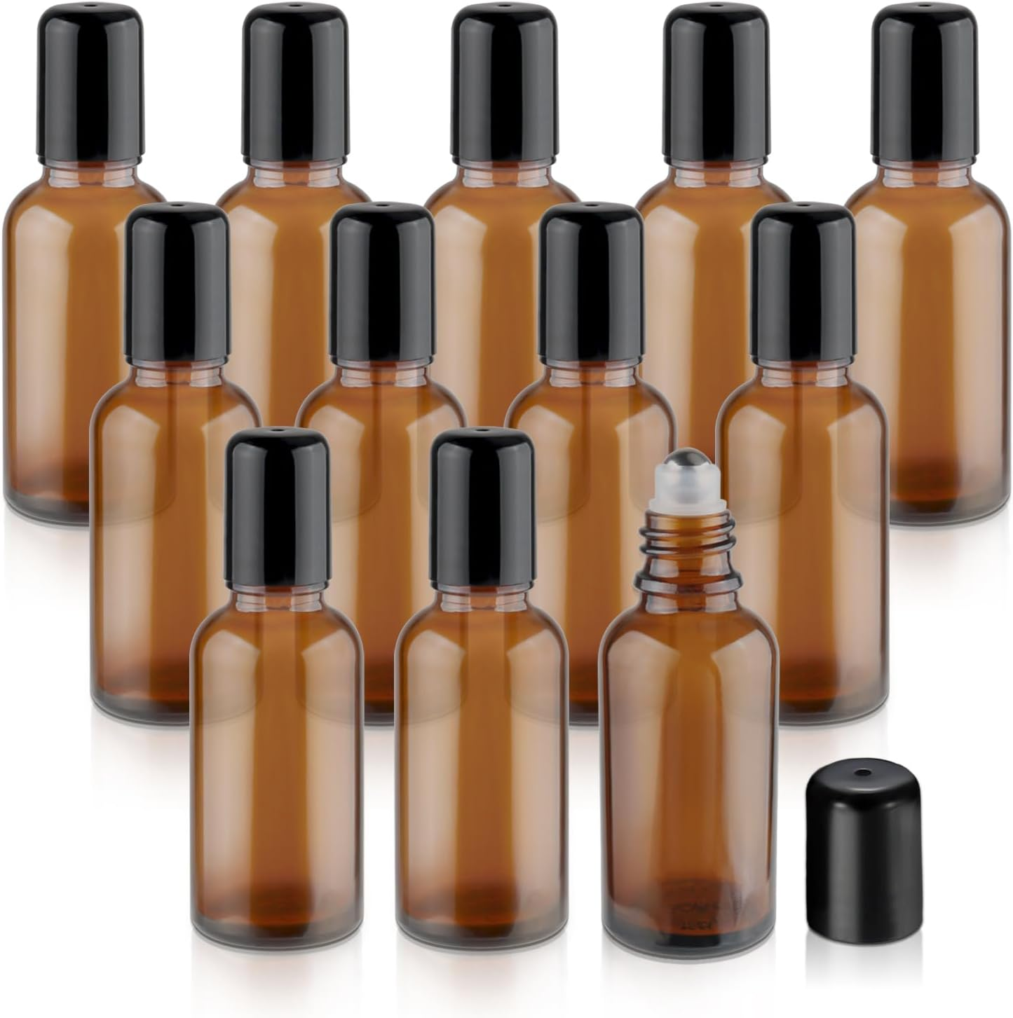 Mirrline 12 Pcs Essential Oil Roller Bottles Amber Glass Roller Bottles Refillable Cosmetic Vials Containers with Stainless Steel Roller Balls & Black Lid - 15Ml/0.5Oz image number 1