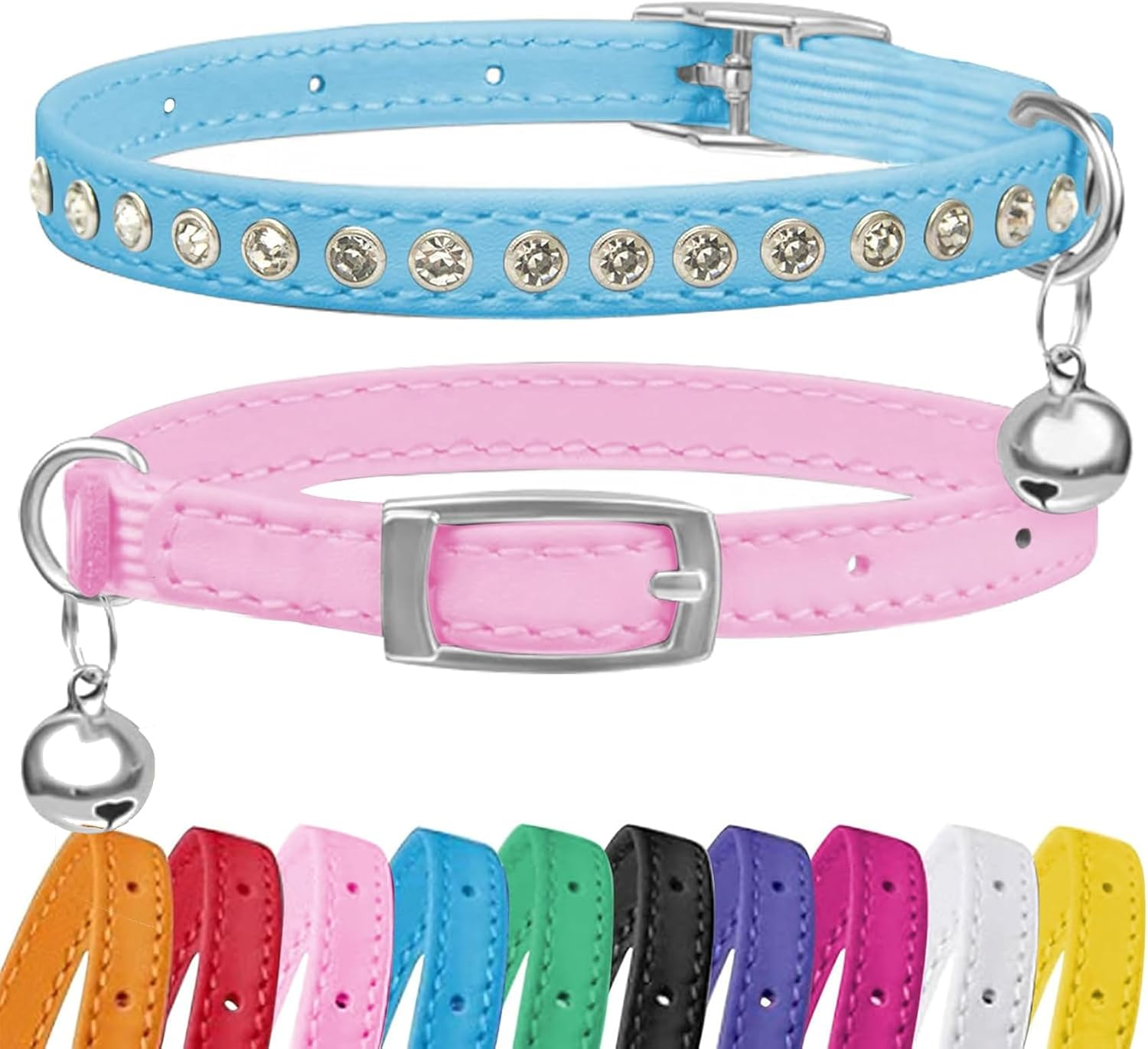 2 Pack Cat Collars with Bells, Rhinestones Leather Cat Collar with Elastic Strap, Kitten Collar, Adjustable Diamond Cat Collar for Girl Boy, 7.5" - 11.5", Black and Green