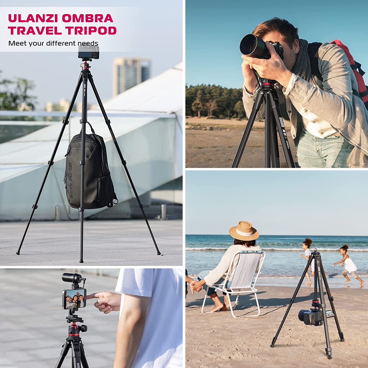 Ulanzi MT-55 Ombra Travel Tripod, 62.2'' Professional Camera Video Aluminum Tripod W/ 360&deg; Ball Head&Quick Release Plate, Max Load 17.6 LB for Nikon Canon DSLR Camcorder, Phone Holder Included Black image number 2