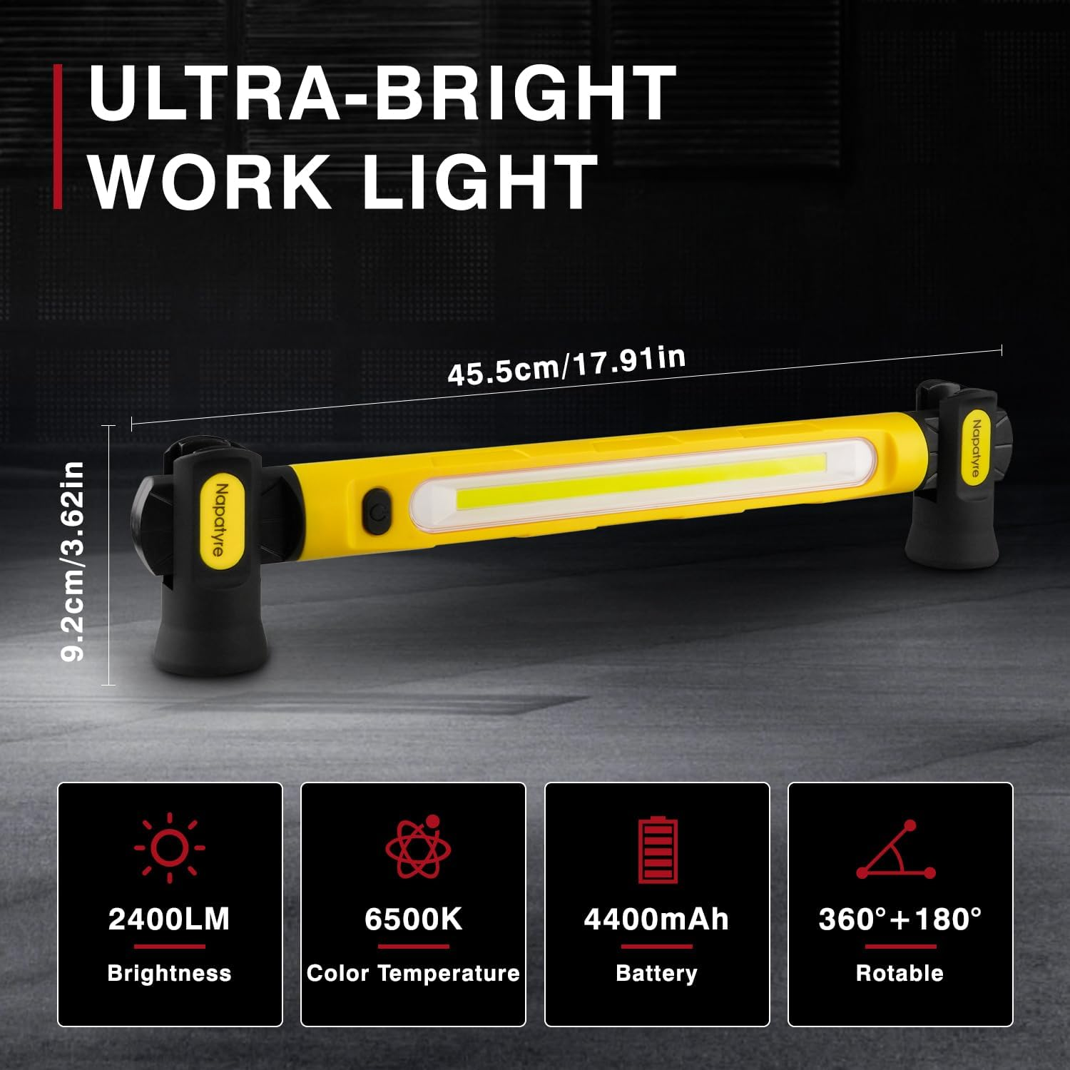 Rechargeable LED Work Light, 2400LM 4400Mah Bright Magnetic Underhood Mechanic Light with Hooks & Rotating Magnetic Base for Car Repair, Garage, Workshop, Emergency image number 1
