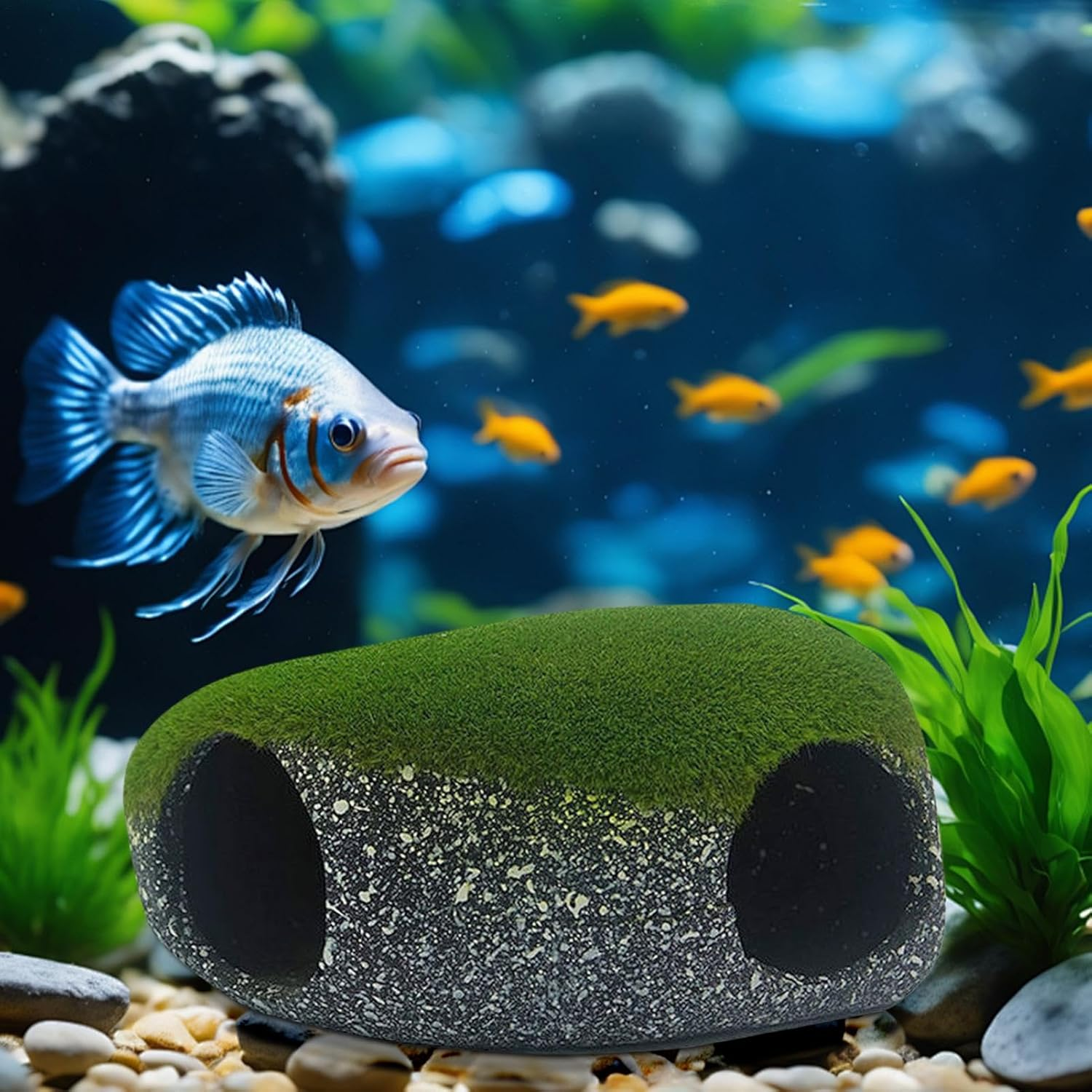 Fish Cave, 2 Holes Rock Shelter Decoration, Stones House, for Home Workplace Pet Store Freshwater Saltwater Terrarium Aquarium Corner Tanks