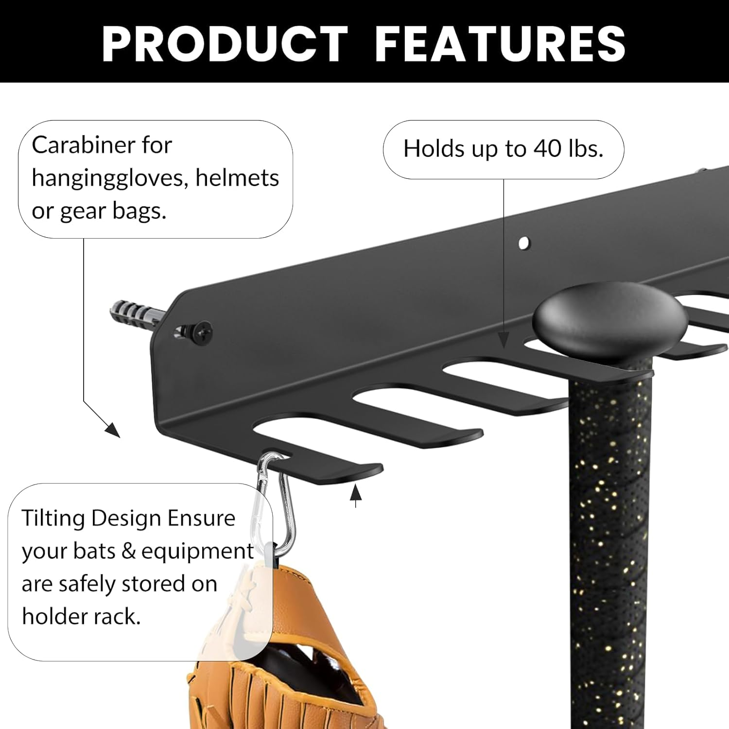 Cozioz Baseball Bat Rack Wall Mount &ndash; Holds 16 Bats, Sports Equipment Organizer with Heavy Duty Hooks for Gym, Garage, Gloves, Bags, Barbells &ndash; Black image number 5