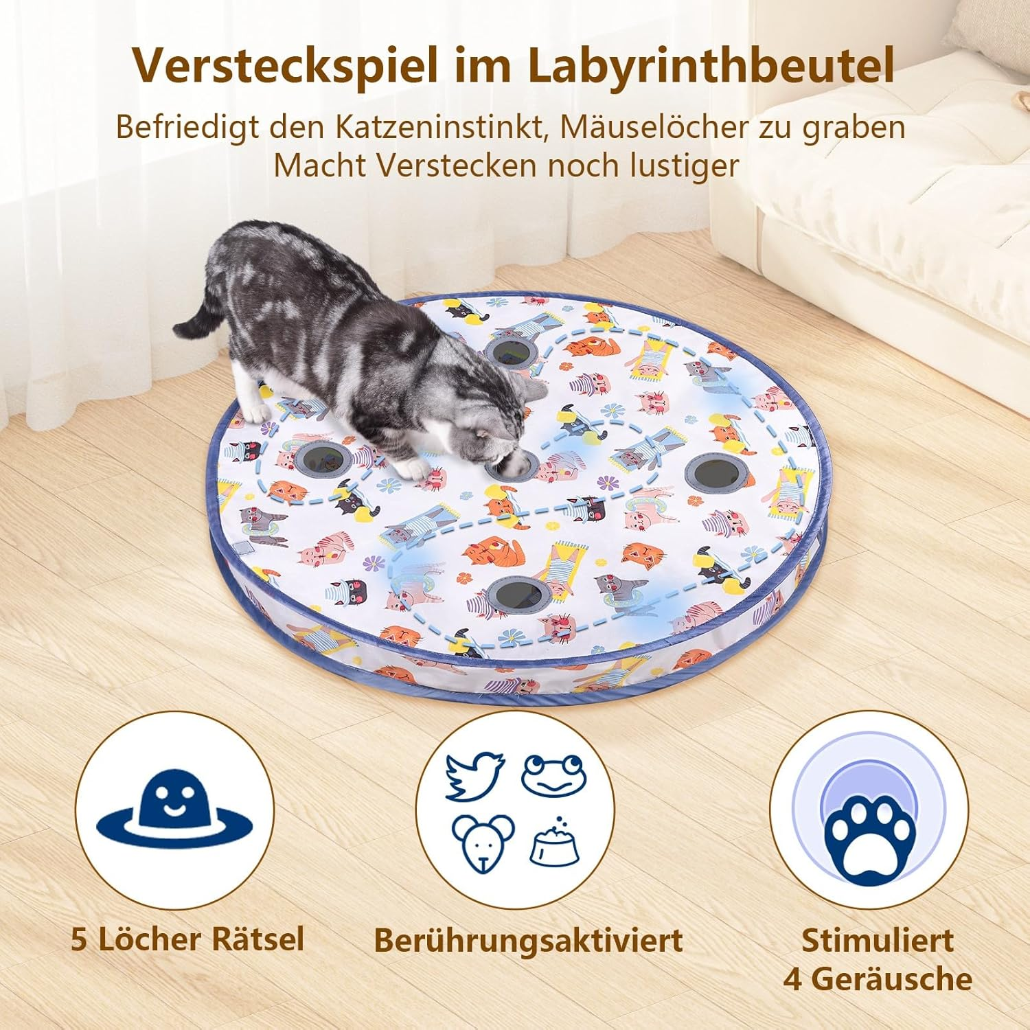 Goldensun Cat Toy Ball, Motion Chirping Activated Movable Ball, Mat Mouse Catching Game Blue, 5-Hole Hide and Seek Game for Cats Indoor - Purple image number 3