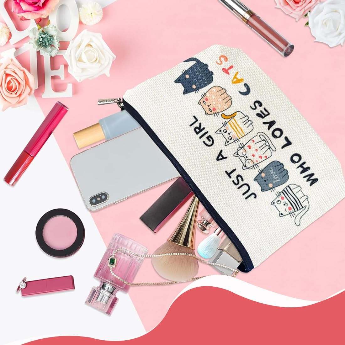 OUDQFCJ Cat Makeup Bags Cosmetic Bag with Cat Motif Cute Gifts for Women Cat Moms Cat Lovers Teen Daughter Sister Best Friend (With Zipper) image number 4