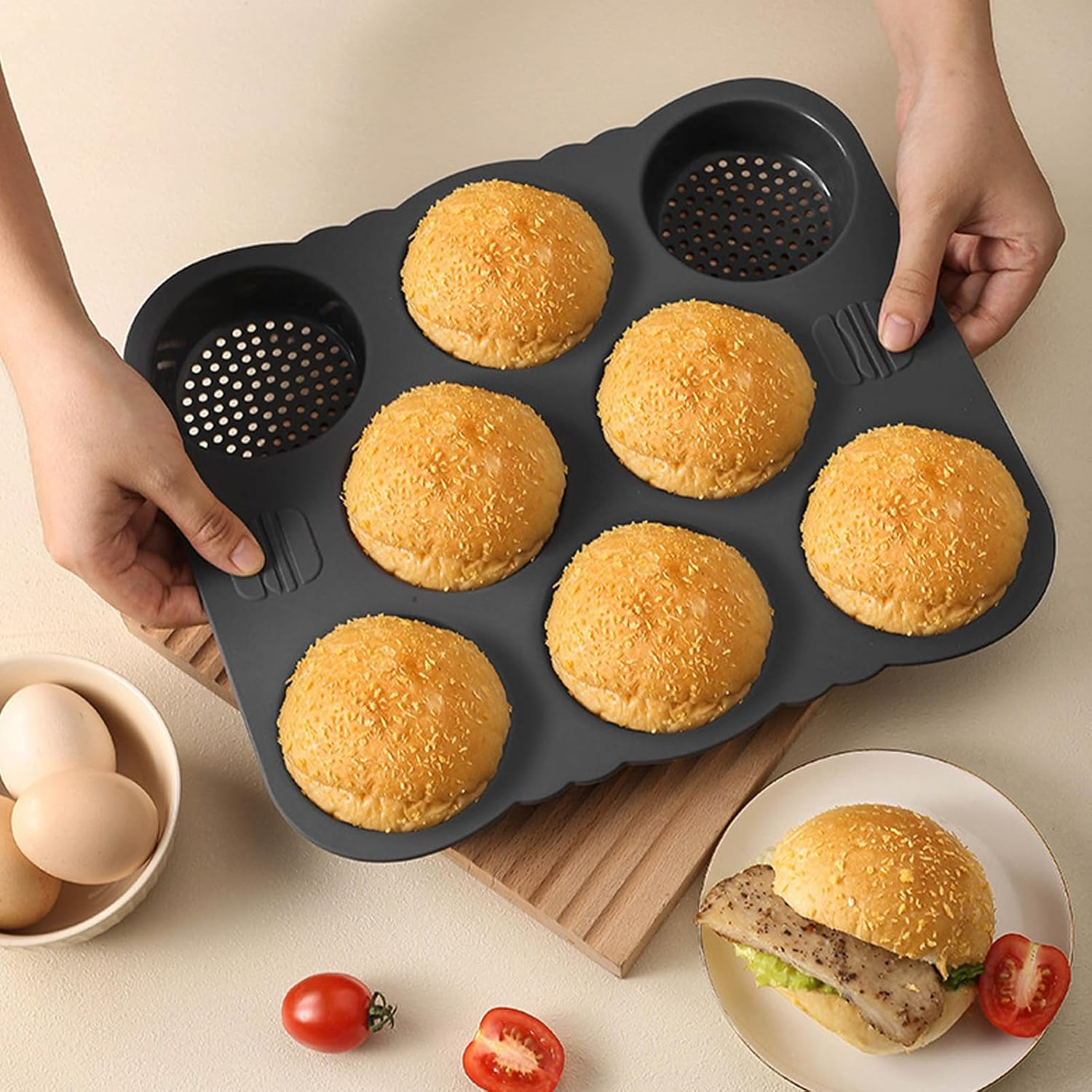 8 Cavity Hamburger Bread Pan and 4 Cavity Baguette Pan, Silicone Hamburger Buns, Non Stick Baking Pan, Perforated Design, Heat Circulation, Easy Release, Black image number 1