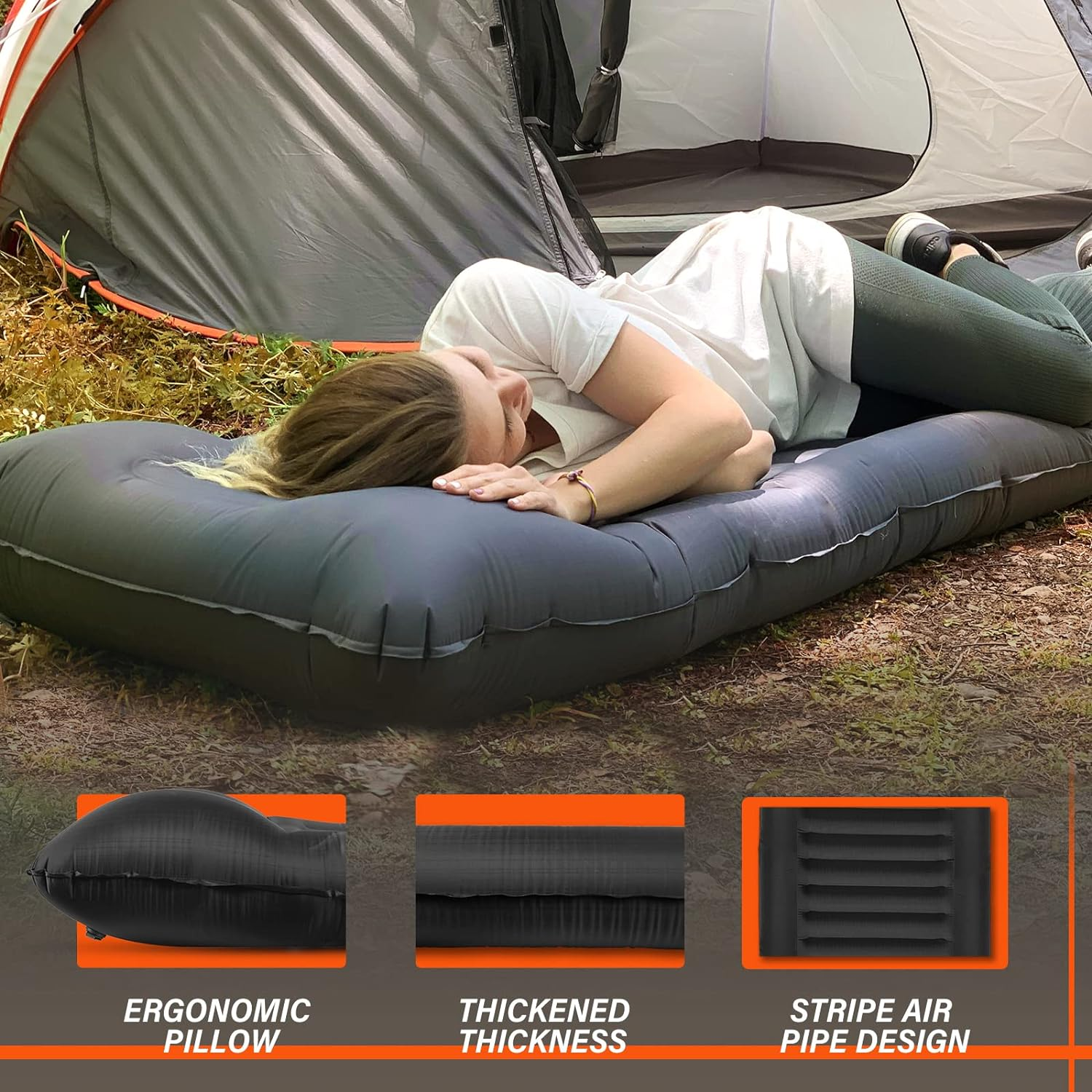 TOBTOS Self Inflating Camping Sleeping Pad with Pillow, Thick 6 Inch Ultralight Sleeping Pad with Built-In Pump, Lightweight Sleeping Mat for Camping, Backpacking, Hiking, Tent (Grey) - Blue image number 6