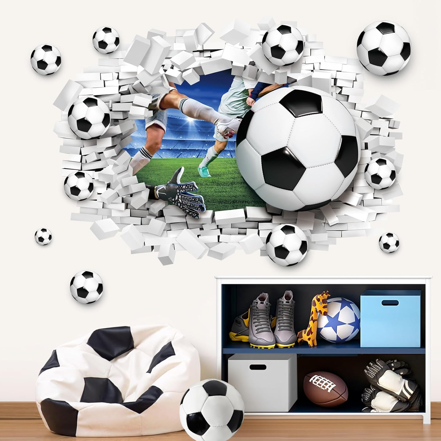 Decalmile Large 3D Football Wall Decals Soccer Sport Football Player Wall Stickers Boys Bedroom Playroom Classroom Wall Decor