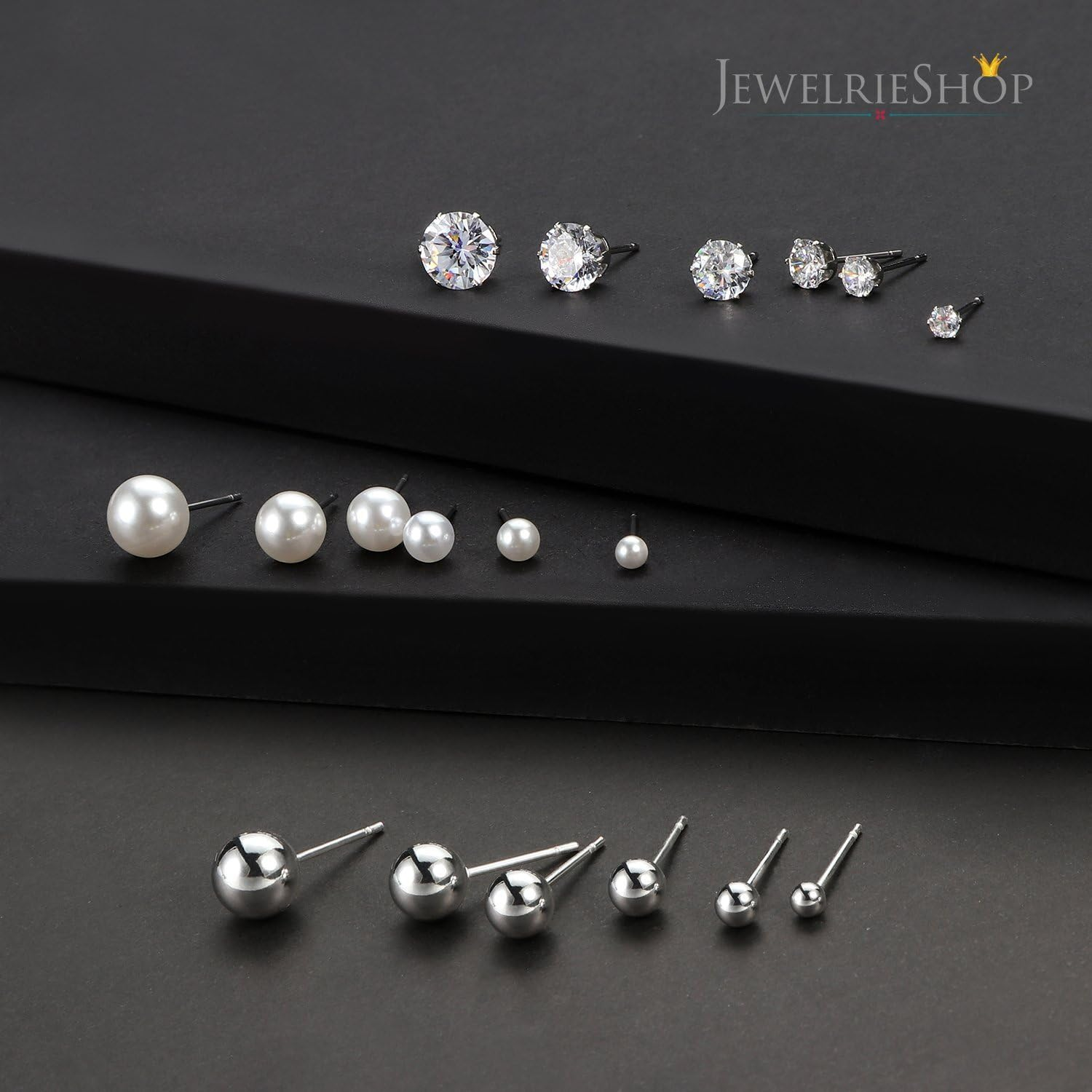 Jewelrieshop Stainless Steel round Ball Studs Cubic Zirconia Studs Faux Pearl Earrings Set for Women (8 Pairs / 18 Pairs) image number 4