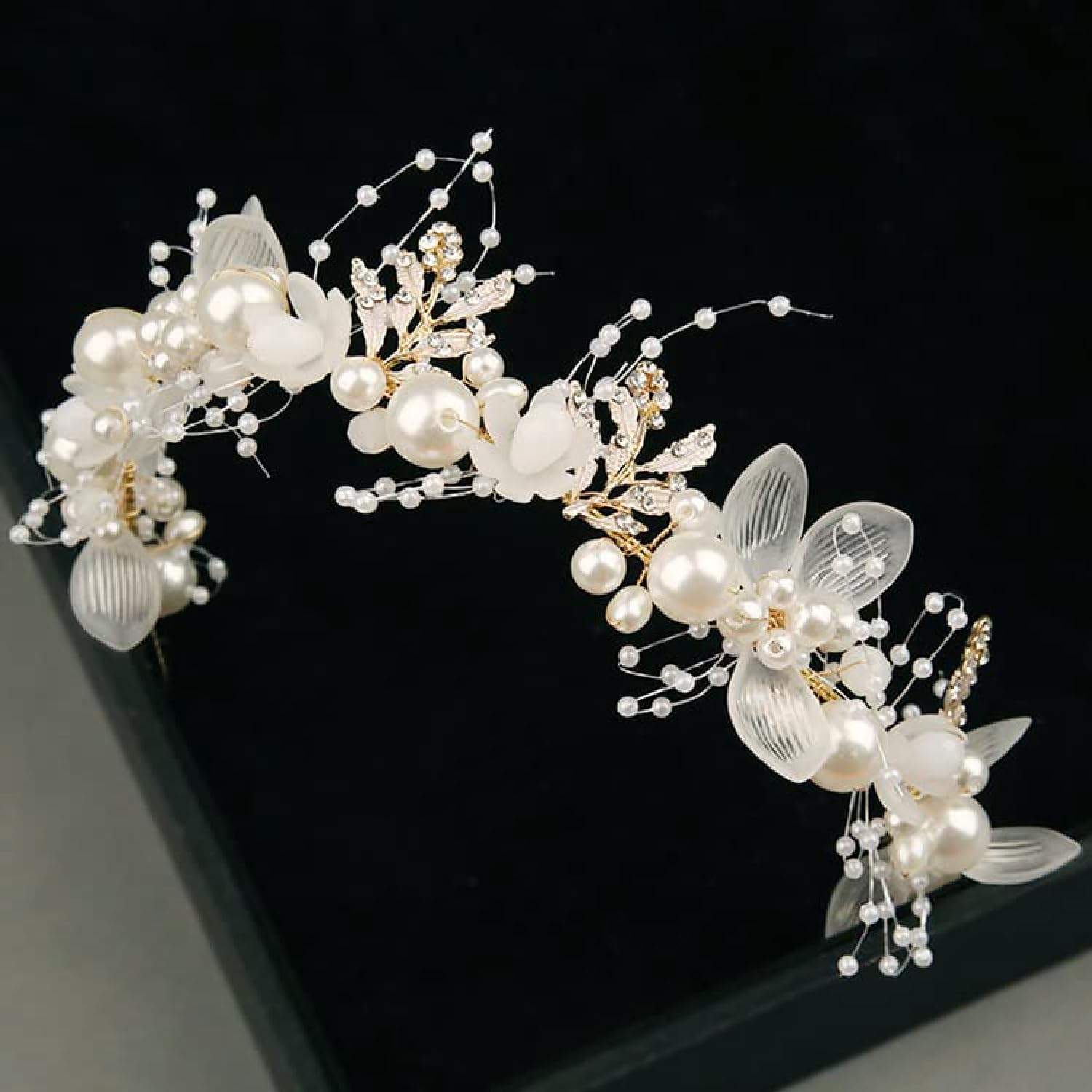 Esshogo 1 Piece Girls Hair Bridal Piece Vine Rhinestone Women Headband, Bridal Headpiece for Hair, Flower Wreath, Headband, Adjustable Elastic Band, Hair Band Pearl Crown Stra image number 1