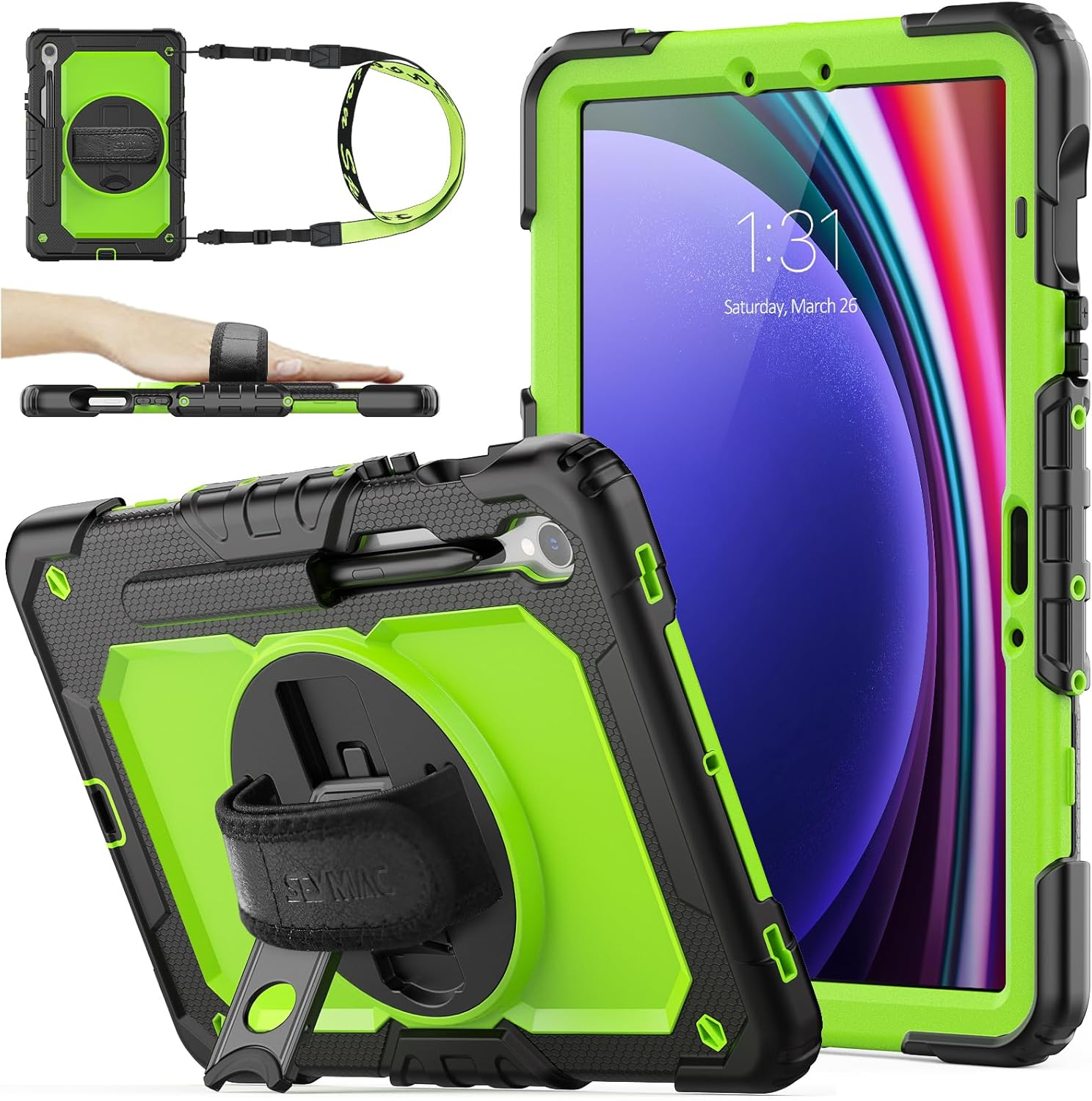 SEYMAC Stock Case for Samsung Galaxy Tab S10 FE/S9/S9 FE 5G 2025/2023 with Screen Protector | Pencil Holder [360 Rotating Hand Strap] &Stand, Drop-Proof Case 10.9"/11'', Black